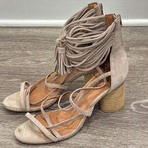 Jeffrey Campbell Despina Taupe Suede Strappy Tassel Block Heel 9.5 Boho Festival